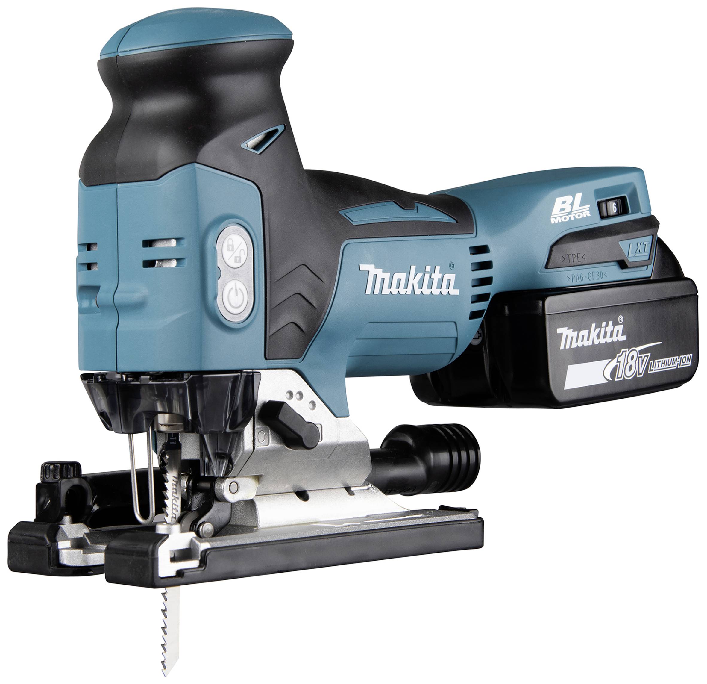 Draadloze decoupeerzaag in blauw en zwart met 18V lithium-ion accu. BL Motor aanduiding op de behuizing.