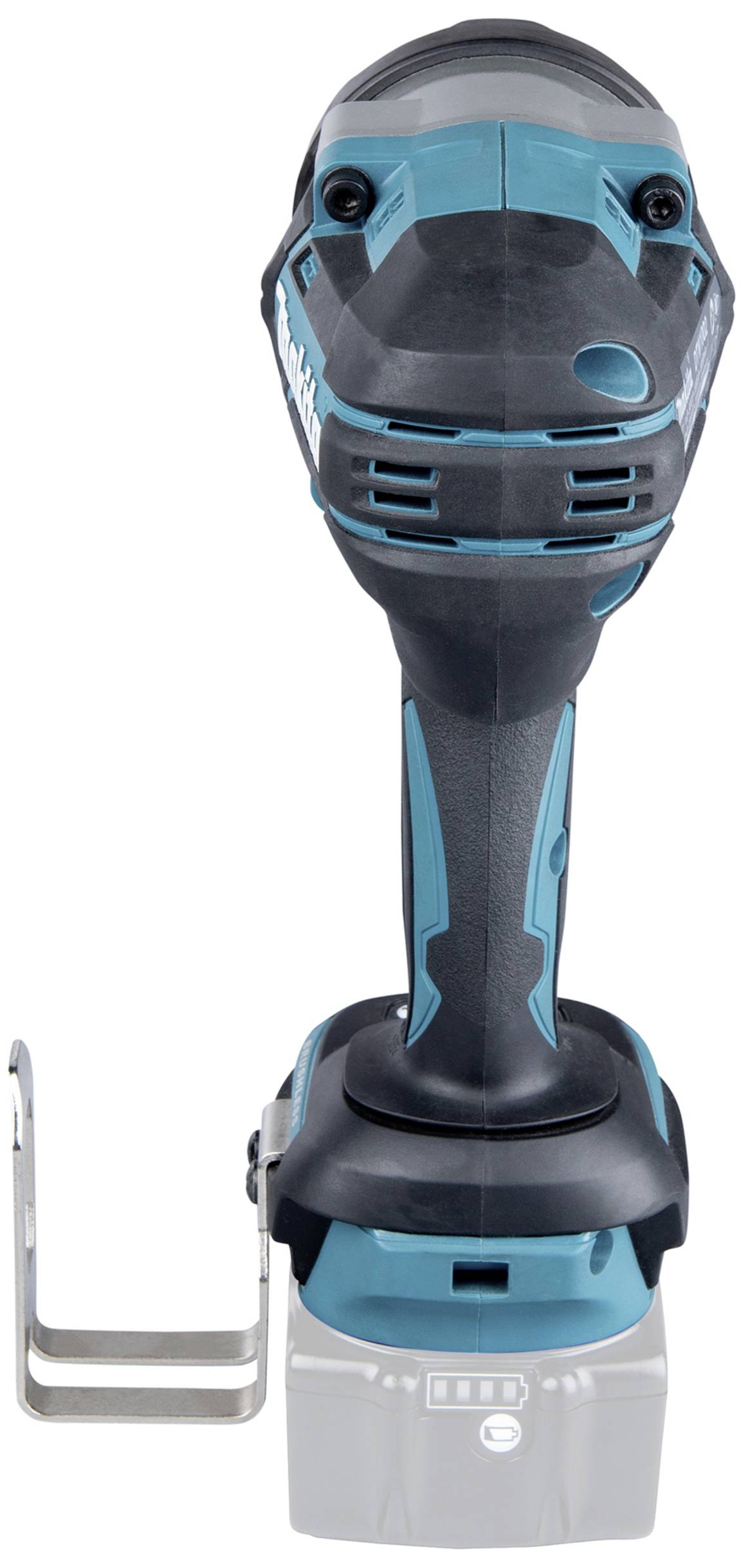 Accuschroefboormachine van voren, behuizing in zwart-blauw, zonder geplaatste accu, metalen houder aan de zijkant.