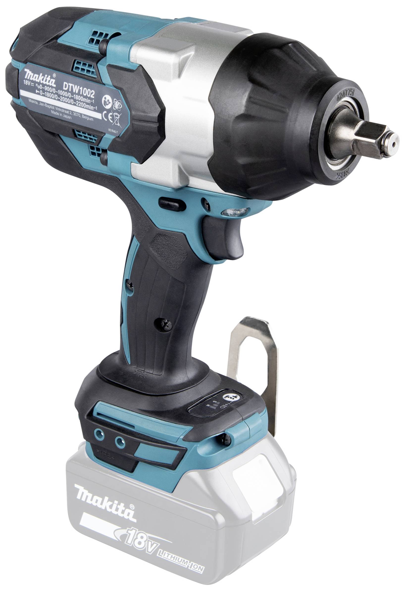 Accuslagmoersleutel 'Makita DTW1002' met blauw-zwarte behuizing, zilveren kop en accu, gebruikt voor schroefwerkzaamheden.