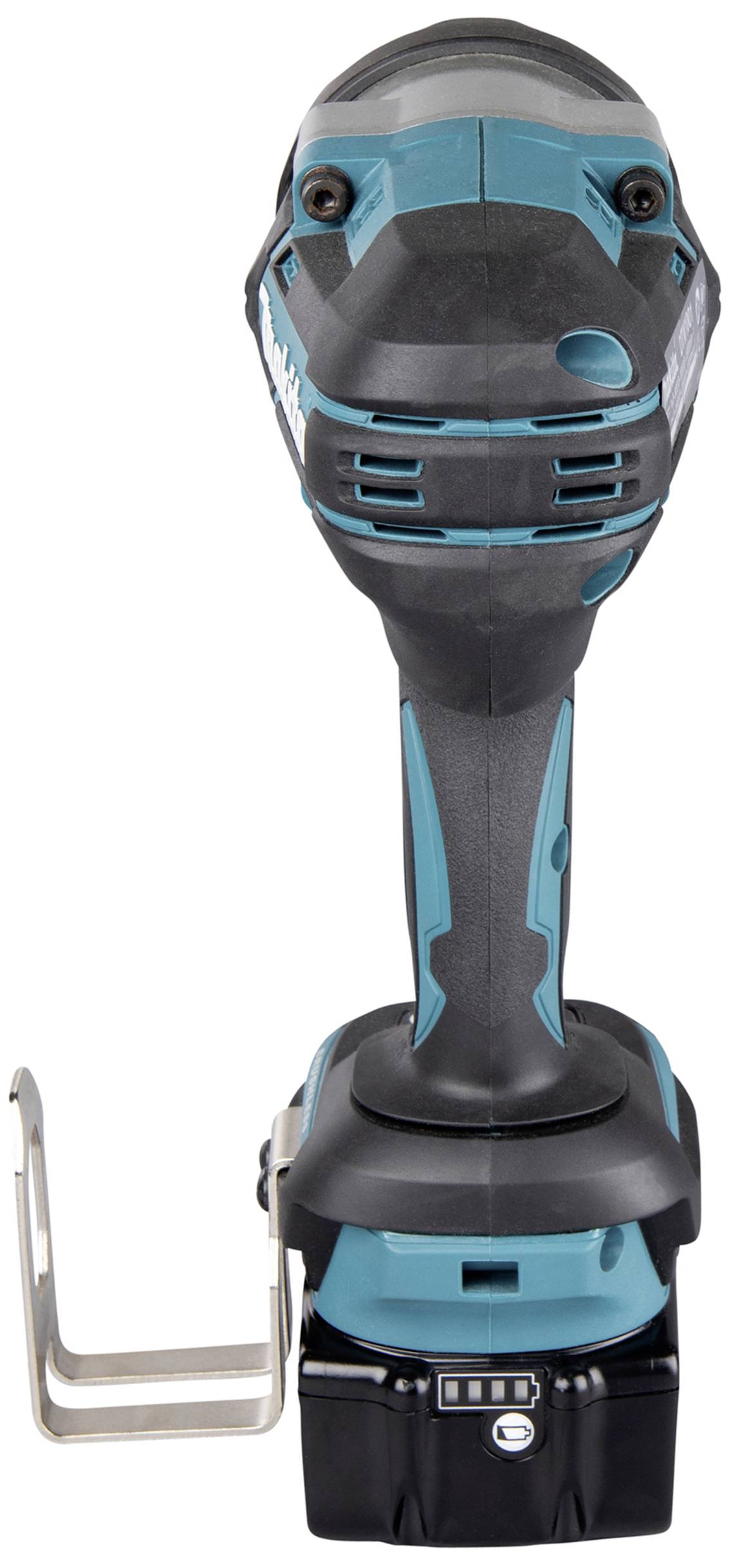 Accuschroefmachine met een blauw-zwarte behuizing, metalen houder en een verwisselbare accu, gefotografeerd van voren.