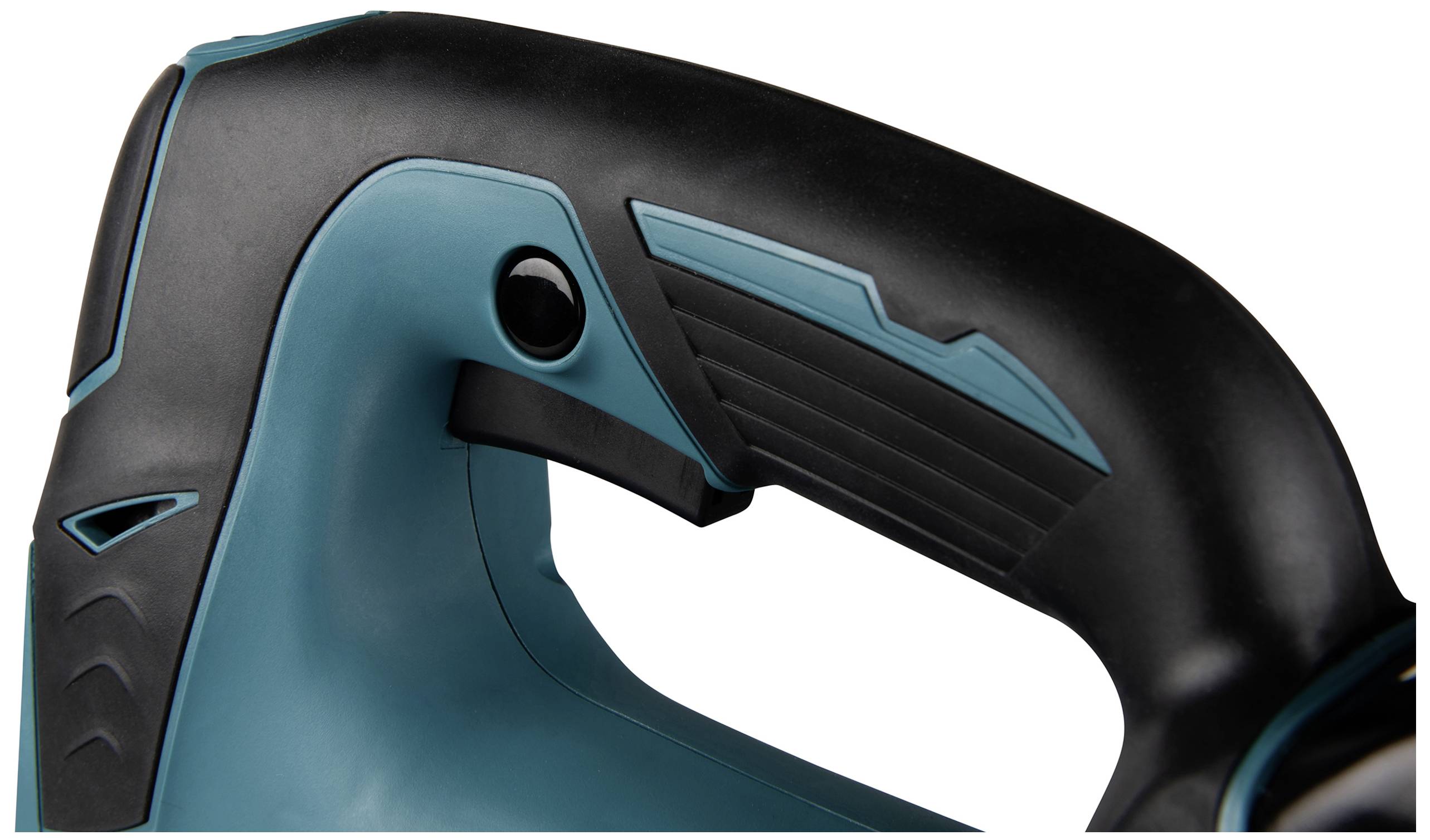 Close-up van een zwart en turkoois handvat, vermoedelijk van een gereedschap. Het handvat heeft gestructureerde details en een knop.