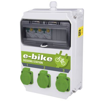 'Oplaadstation voor e-bikes met drie stopcontacten en bedieningspaneel. Geschikt voor het gelijktijdig opladen van meerdere e-bikes.'