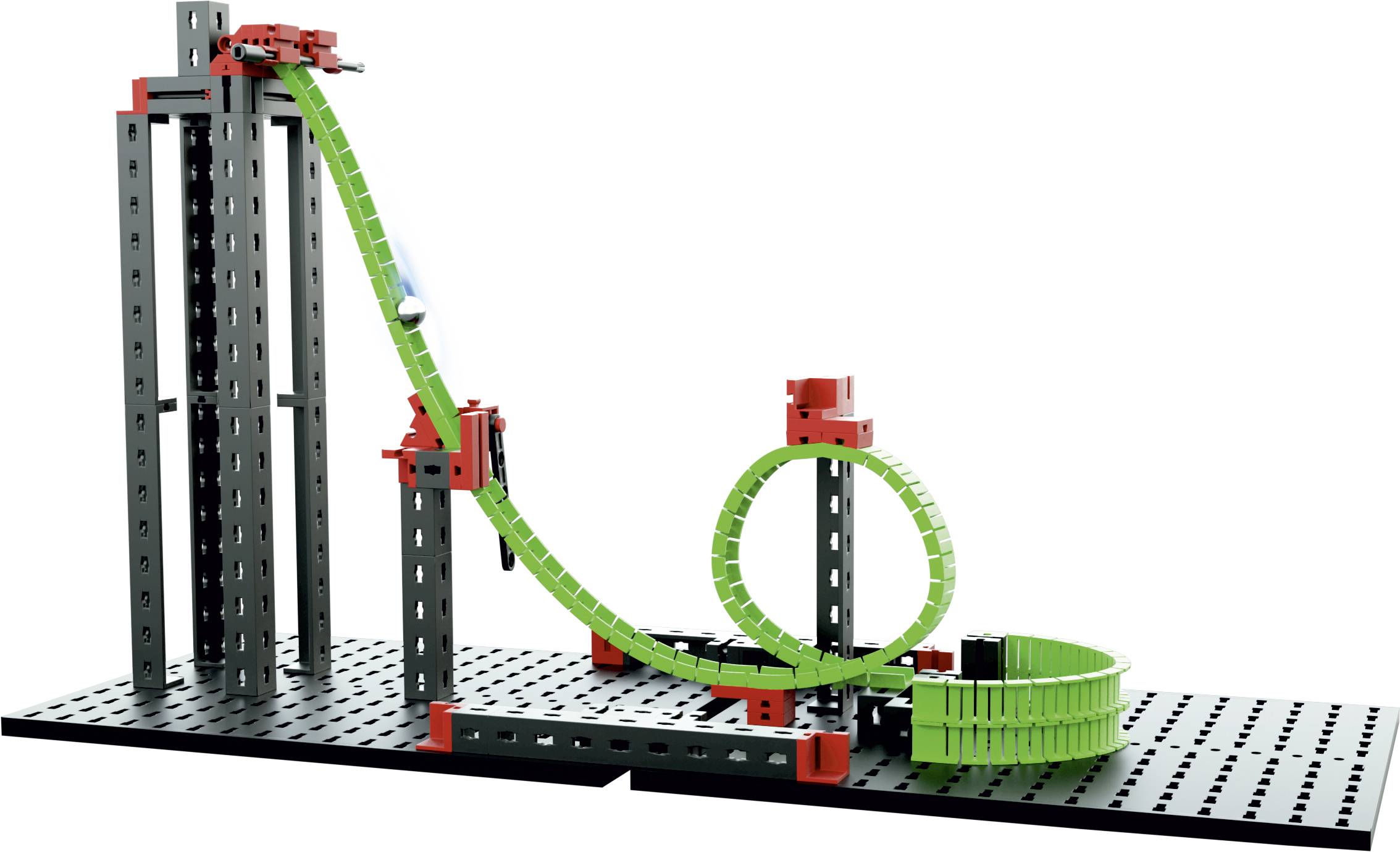 Een model van een kogelbaan-experimentsysteem met een groene rails, een spiraalvormige helling en een zwarte basisplaat ter demonstratie van zwaartekracht.