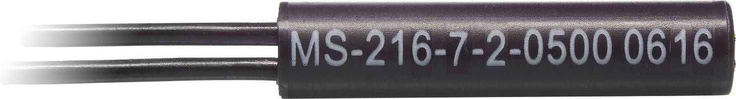 Een zwarte cilindersensor met het opschrift 'MS-216-7-2-0500 0616' is afgebeeld. Links strekken zich twee kabels uit.