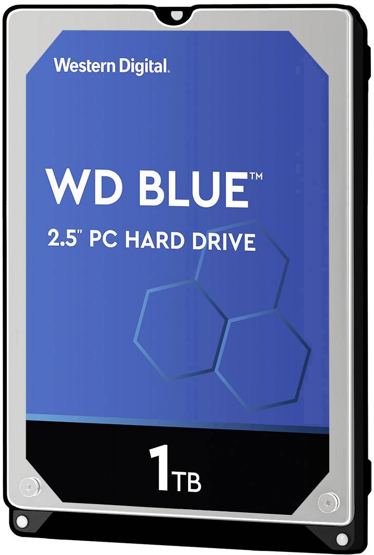 Externe harde schijf, Western Digital, WD Blue, 2,5 inch, 1TB capaciteit, blauw ontwerp met drie zeshoeken als decoratie.