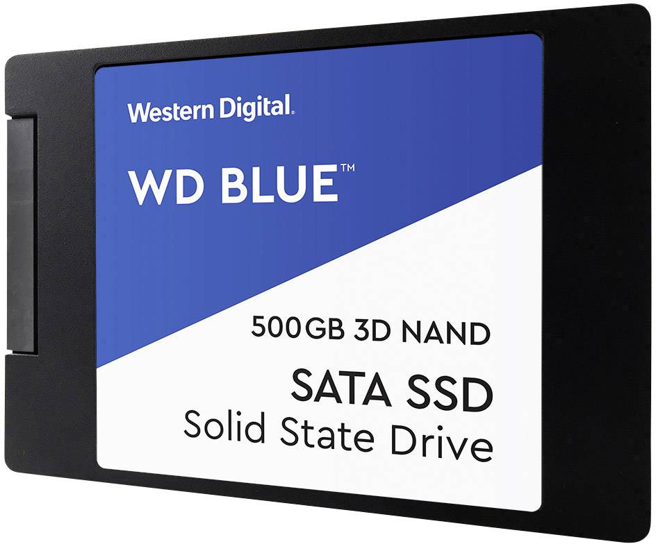 Afbeelding van een SSD van Western Digital met 500 GB, model 'WD Blue', uitgerust met 3D NAND-technologie.