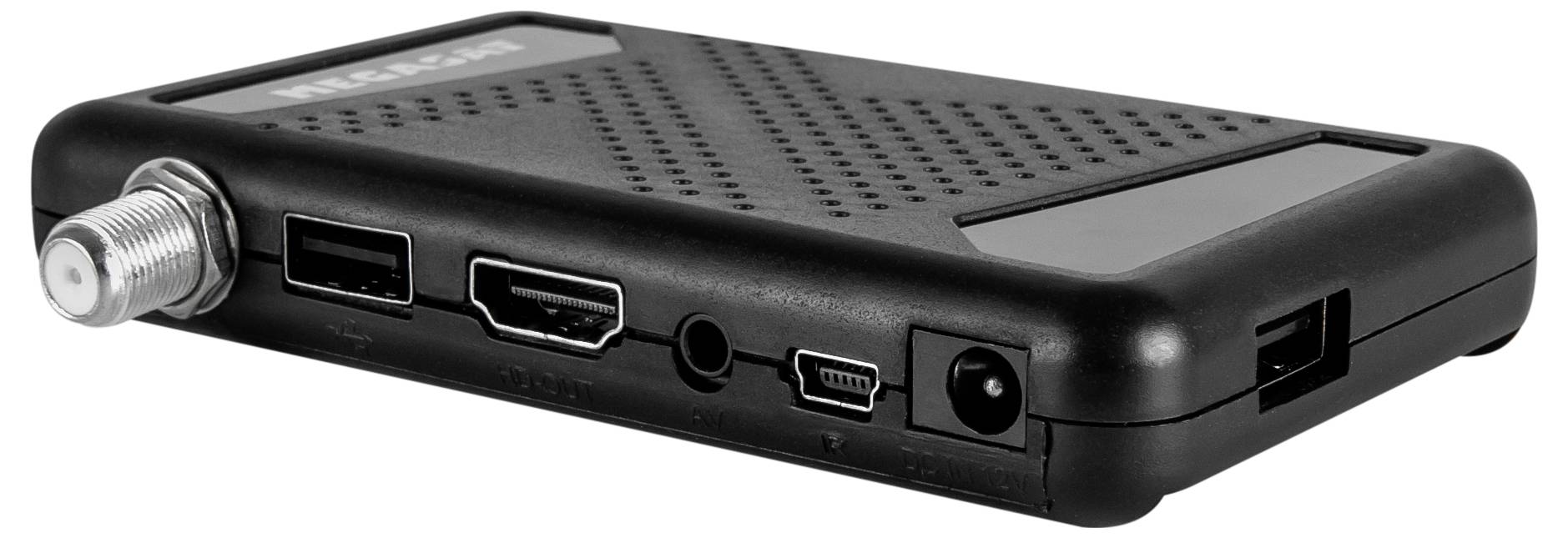 'Achterkant van een media-streamingapparaat met verschillende poorten: coaxiale kabelingang, USB-poorten, HDMI, audio-aansluiting, mini-USB en voedingsingang.'