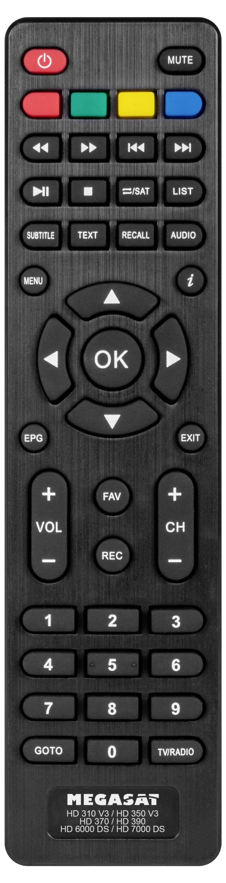 Een zwarte afstandsbediening met verschillende knoppen waaronder een richtingstoets, volume, zender, cijfers en gekleurde functietoetsen.