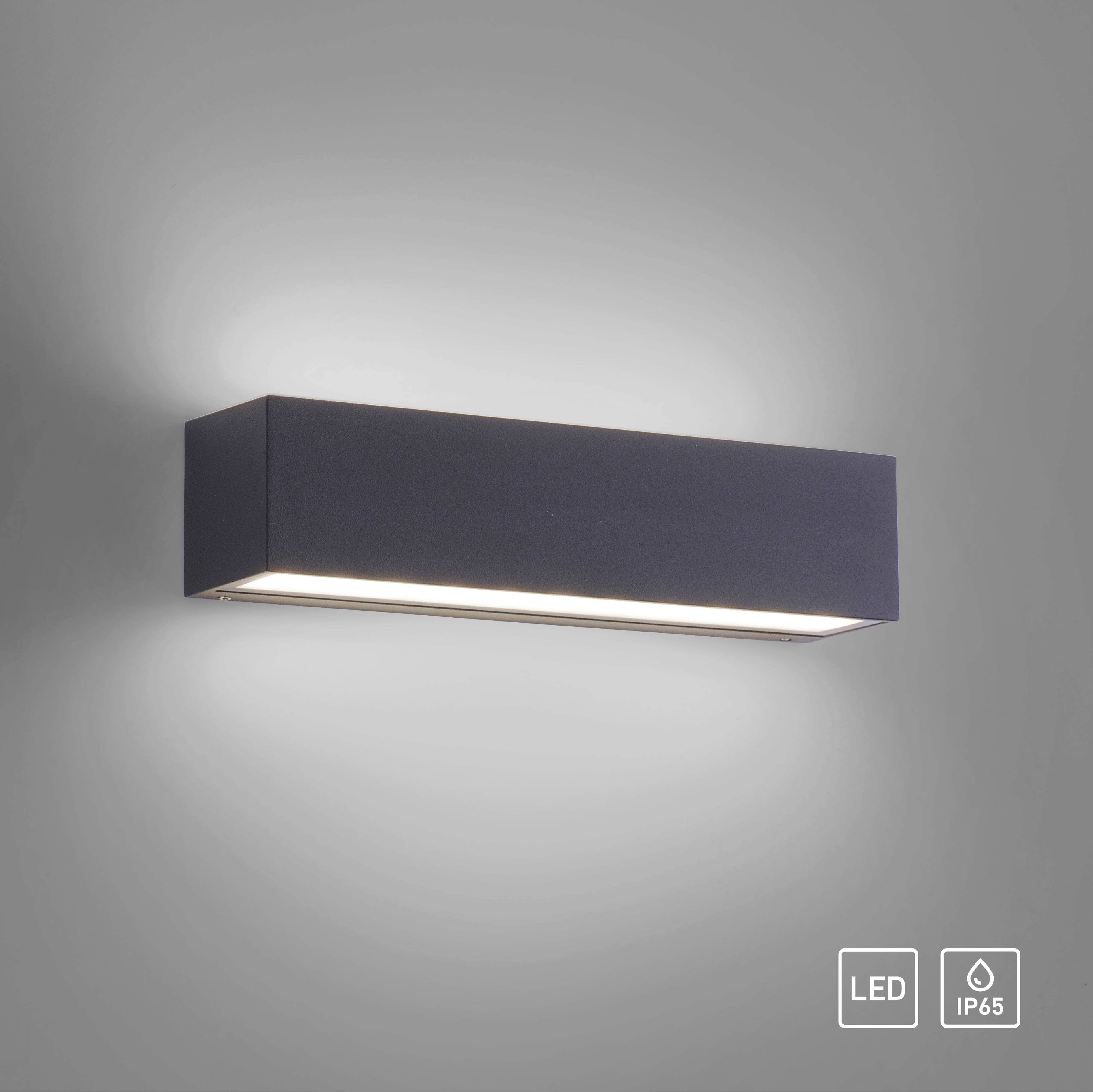 Een moderne, rechthoekige wandlamp met een zwarte behuizing. Hij verlicht in het wit en heeft symbolen voor LED en beschermingsgraad IP65.