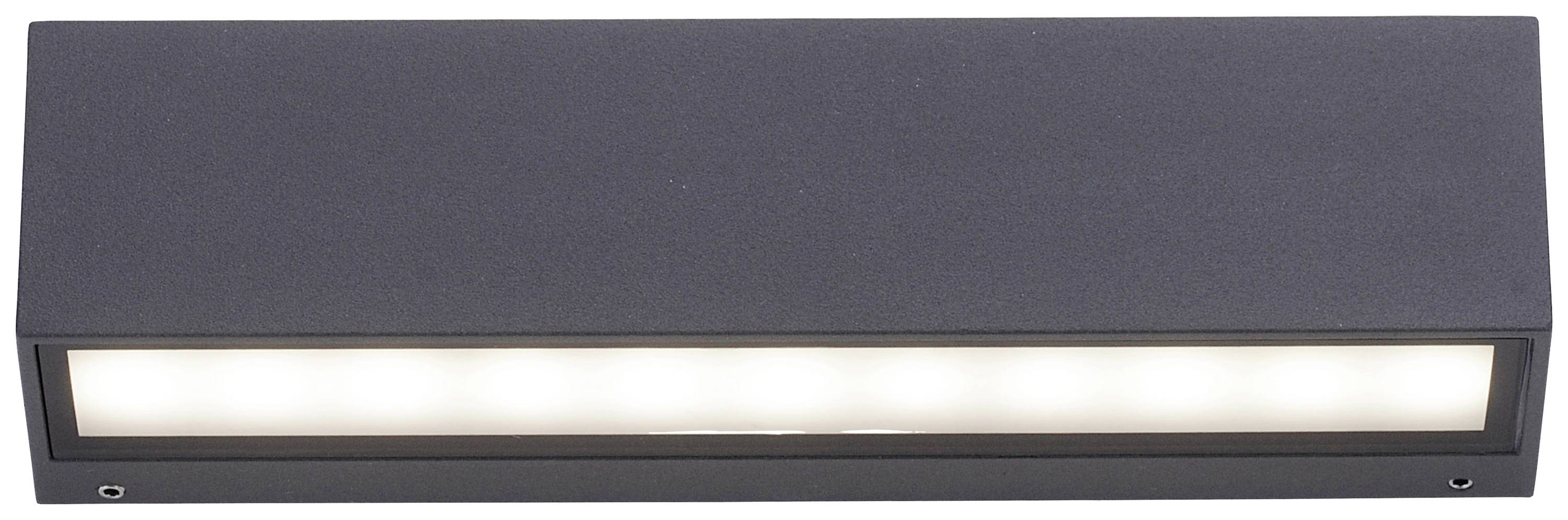 Zwarte rechthoekige lamp met horizontaal geplaatste lichtstreep, geschikt voor wandmontage.