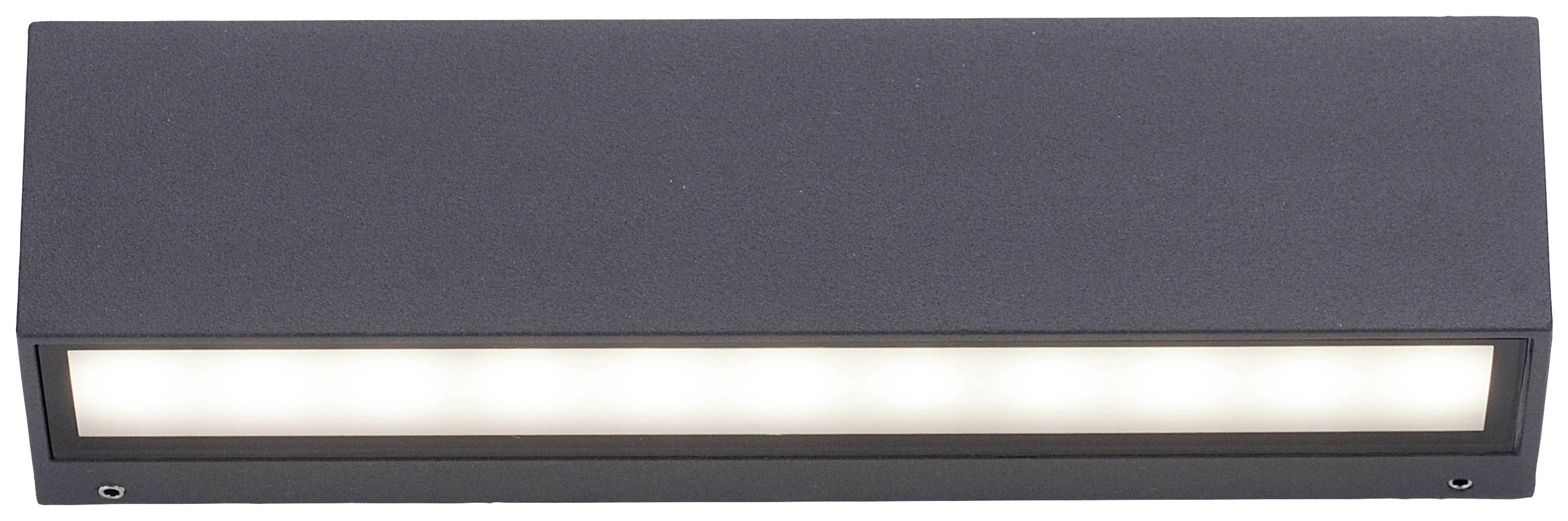 Een rechthoekige wandlamp die zacht, warmwit licht naar beneden uitstraalt. Strak design voor moderne ruimtes.
