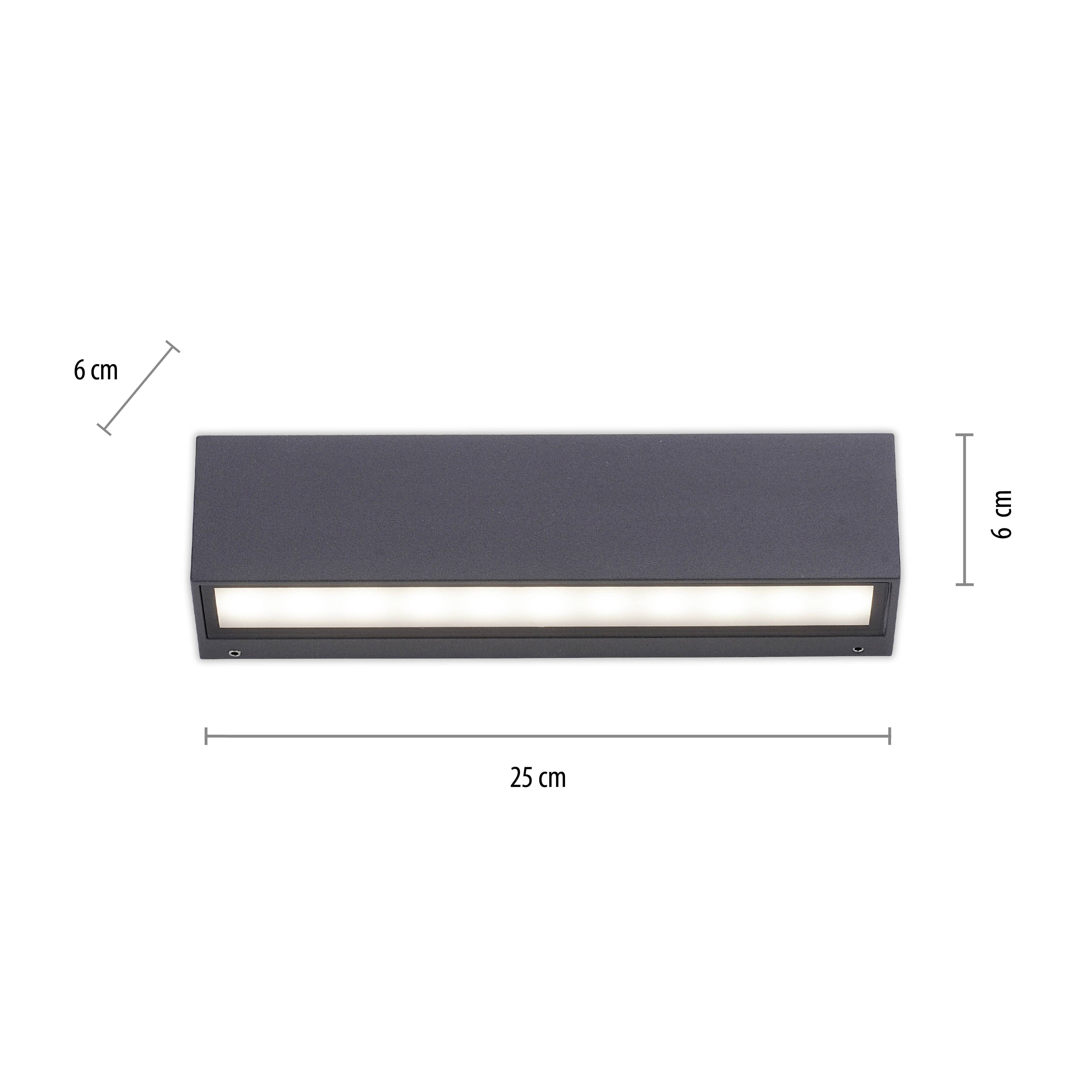 Wandlamp rechthoekig, zwart, 25 cm breed, 6 cm hoog. Verlicht met gelijkmatig licht, ideaal voor moderne interieurs.