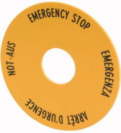 Ronde, oranje sticker met de tekst 'NOT-AUS', 'EMERGENCY STOP', 'EMERGENZA', 'ARRET D'URGENCE' rond een centraal gat.