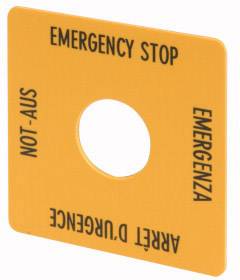 Oranje afdekking met een gat in het midden, gemarkeerd met 'EMERGENCY STOP' en vertalingen in het Duits, Italiaans en Frans.