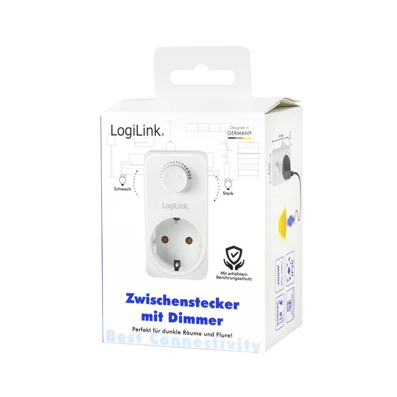 Tussenstekker met dimmer van LogiLink, verpakking toont een afbeelding van het product, geschikt voor donkere ruimtes en gangen.