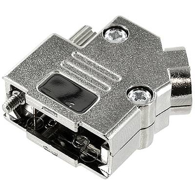 Metalen stekkerbehuizing, zilverkleurig, met schroefsluitingen, geschikt voor industriële toepassingen of elektronische apparaten.