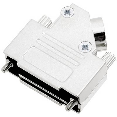Metalen steekverbinder met twee schroeven voor beveiliging, geschikt voor elektrische aansluitingen. Glanzend oppervlak, rechthoekige vorm.