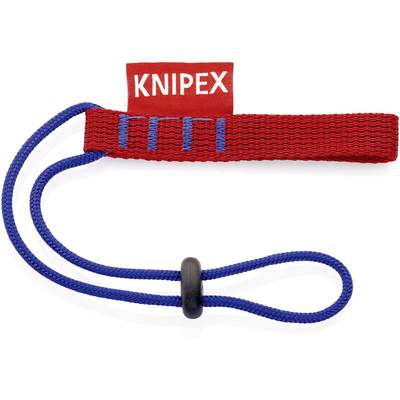 Rode handlus met blauw lint en koordstop, gemarkeerd met 'Knipex', dient voor veilige bevestiging aan gereedschappen.