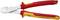 Een zijkniptang van Knipex, met rood-gele handgreep, geschikt voor spanningen tot 1000 volt, specifiek ontworpen voor het knippen van draad.