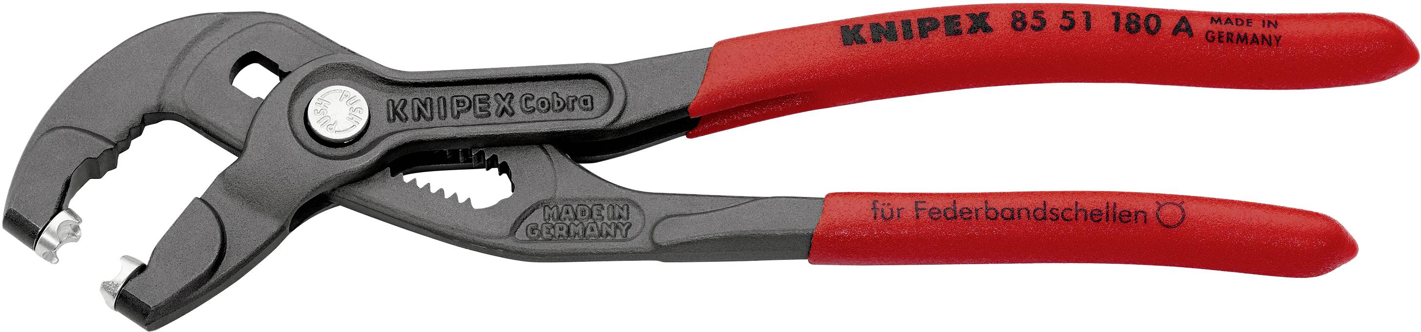 Rode en zwarte tang met opschrift 'KNIPEX 85 51 180 A' en 'voor veerbandklemmen' op de handgrepen, geschikt voor het grijpen en losmaken van beklemde manchetten.