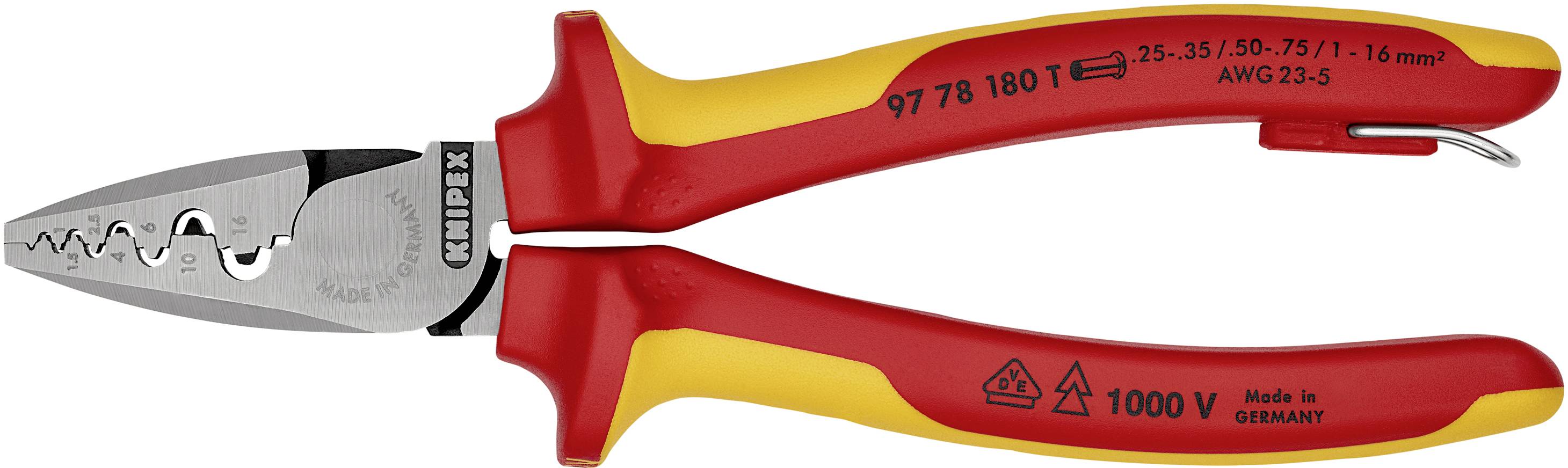 Geïsoleerde striptang met rode en gele handgreep, geschikt voor kabels van 0,5 tot 6 mm². Gereedschap voor elektrische werkzaamheden, geïsoleerd tot 1000V.