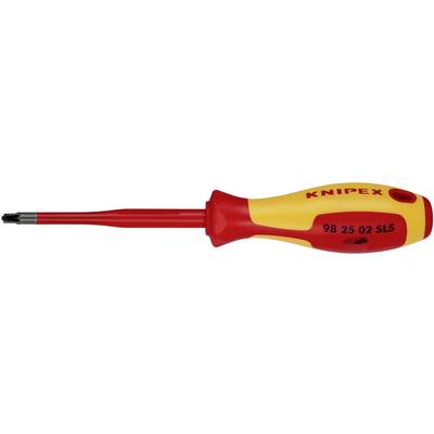 Geïsoleerde schroevendraaier met gele en rode handgreep, geschikt voor elektrisch werk, gemarkeerd met 'Knipex'.