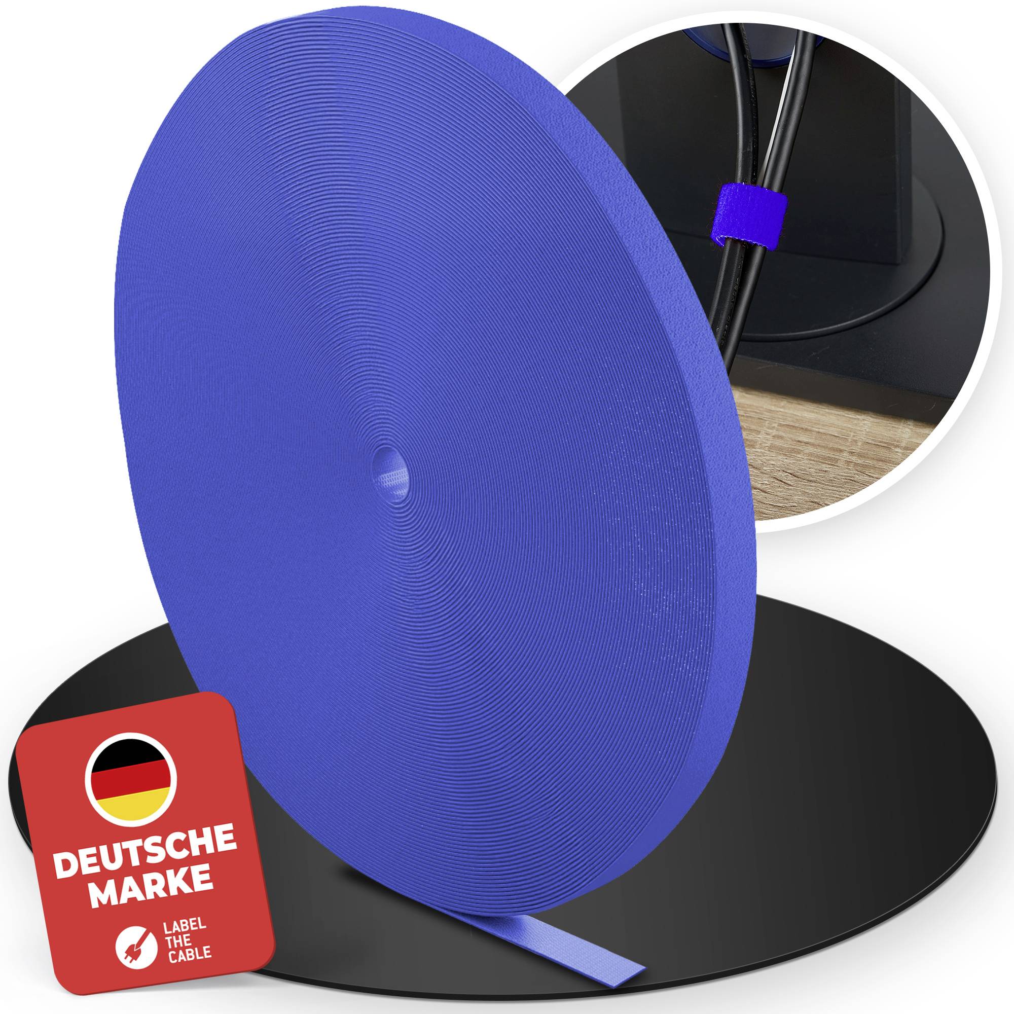 Blauwe kabelspoel op een zwarte basis met een Duits 'Deutsche Marke'-label; inzetafbeelding toont de kabel gewonden rond een houder.