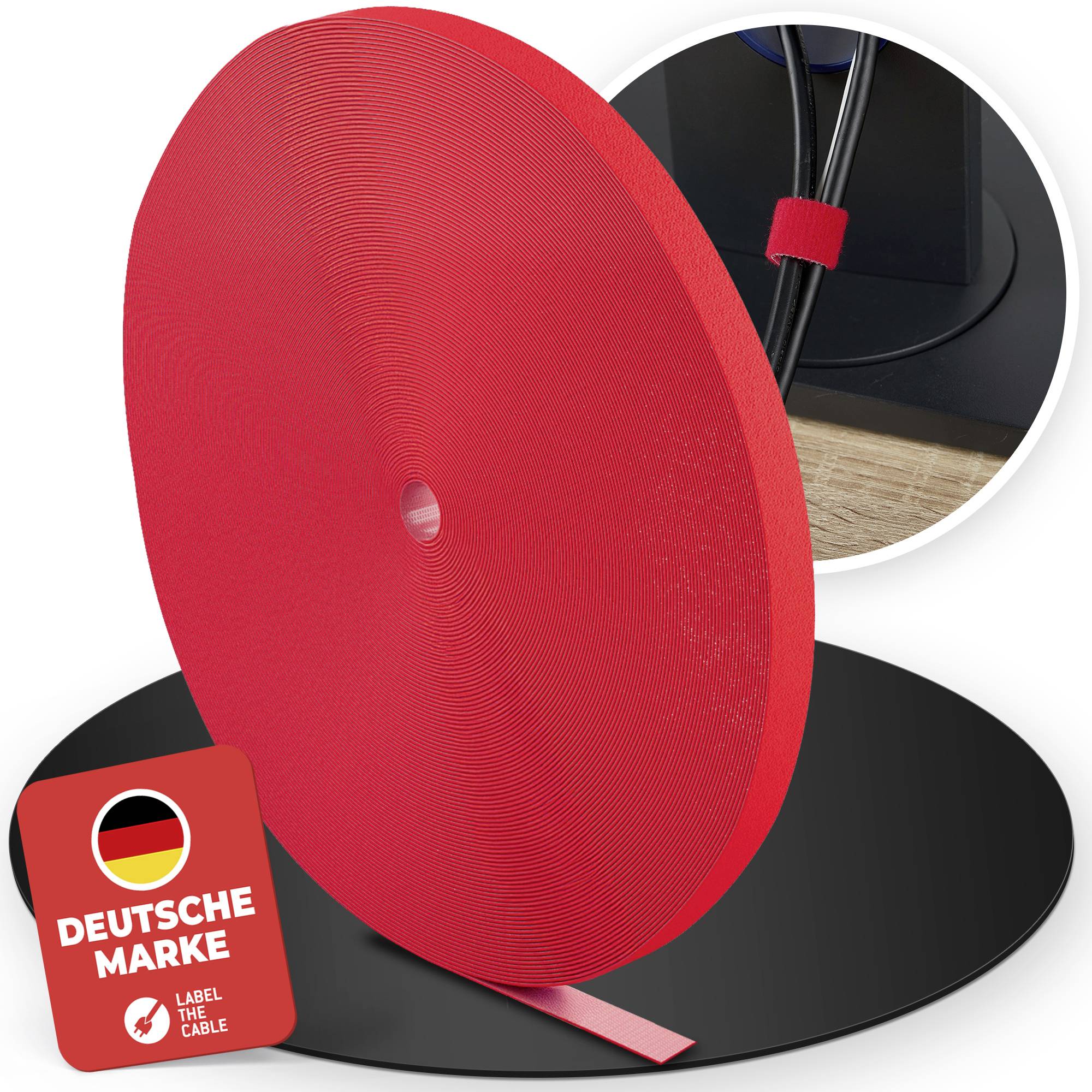 Grote rode kabelorganisatiespoelen met Duits 'Deutsche Marke'-label, met een kabel beveiligd door een rode band in een kleine inzetfoto.