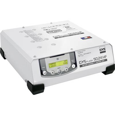 Een GYSFlash 50.24 HF Batterijlader met een digitaal display dat 'Charge Liquid 24V 70Ah' weergeeft. Het apparaat heeft een modern, rechthoekig ontwerp.