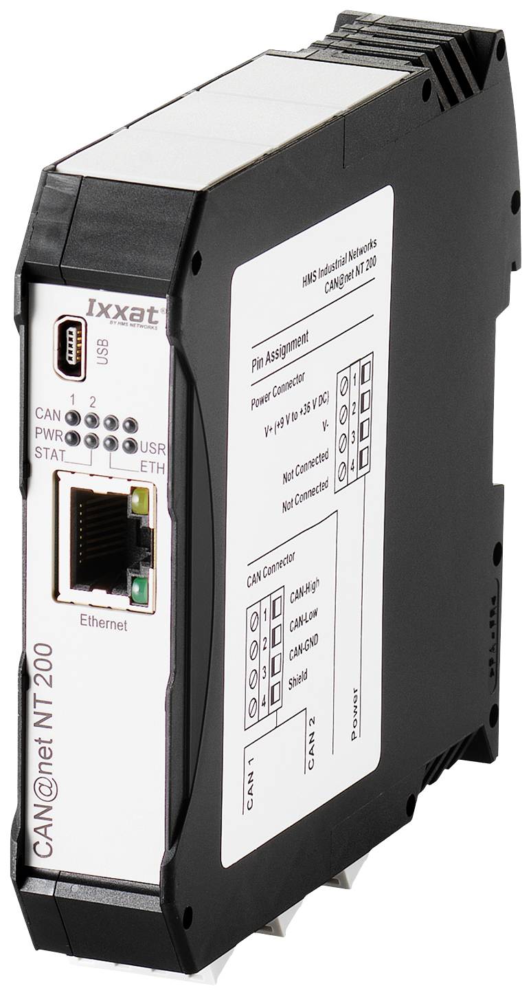 Een zwart CAN@net NT 200 apparaat met USB- en Ethernet-aansluitingen, modelinformatie en LED-indicatoren op de voorkant.