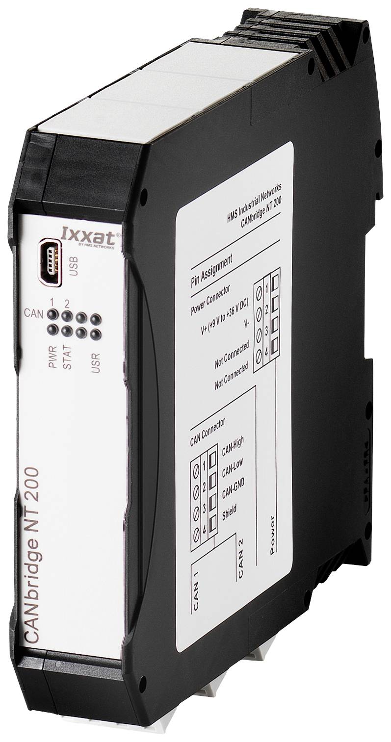 Zwart apparaat 'CANbridge NT 200' met aansluitingen en labels voor CAN 1 en CAN 2, evenals een USB-aansluiting aan de voorkant.