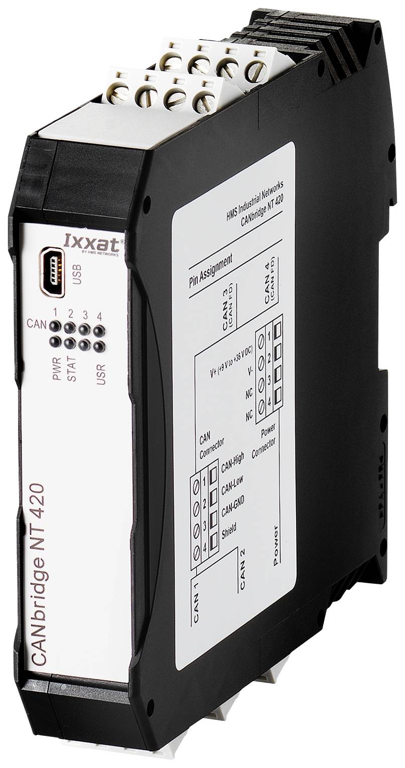 Een zwart elektronisch apparaat met de aanduiding 'CANbridge NT 420' van Ixxat, toont aansluitingen en technische details aan de zijkant.