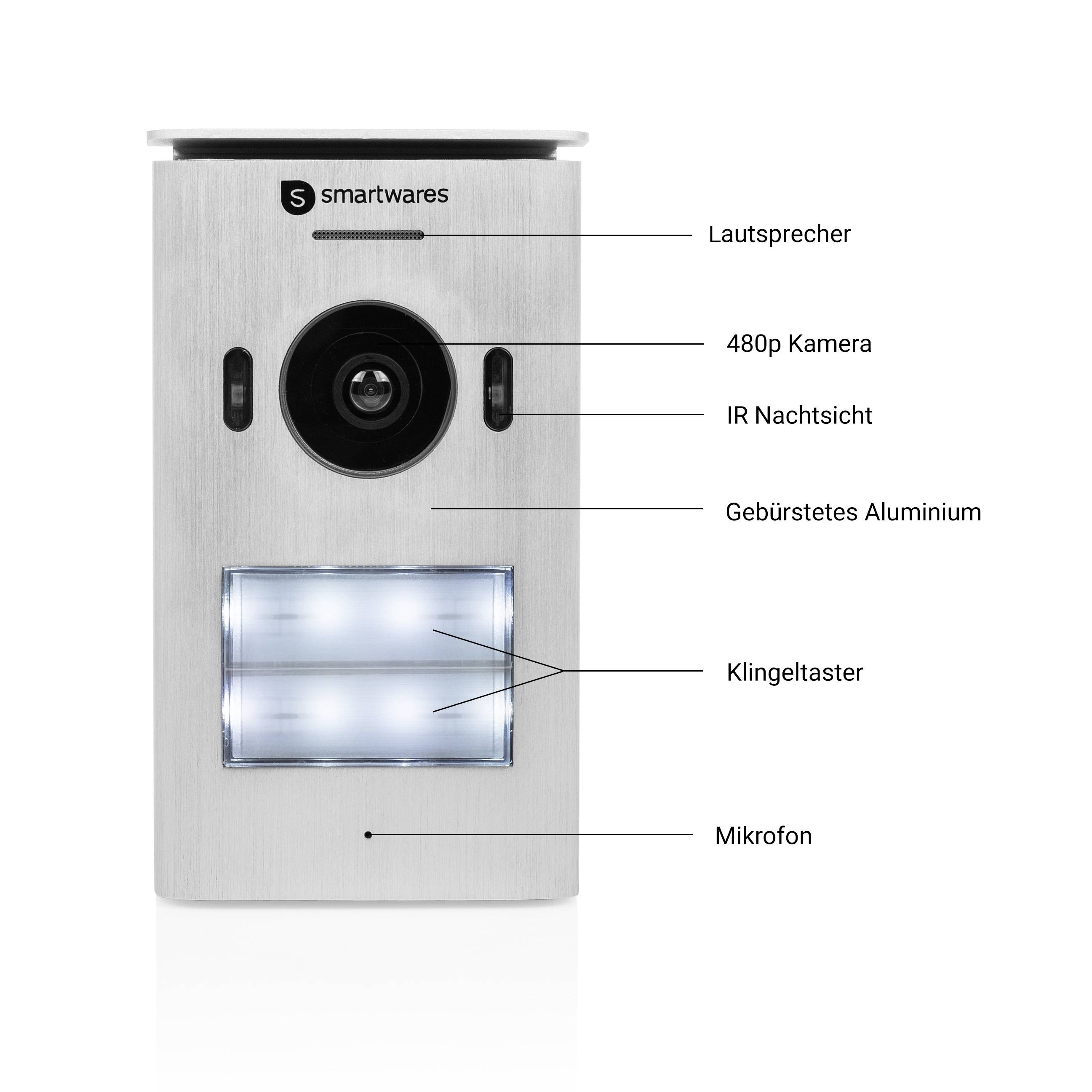 Intercom met camera, luidspreker, microfoon, IR nachtvisie, geborsteld aluminium. Cameraresolutie: 480p. Belknop aanwezig.