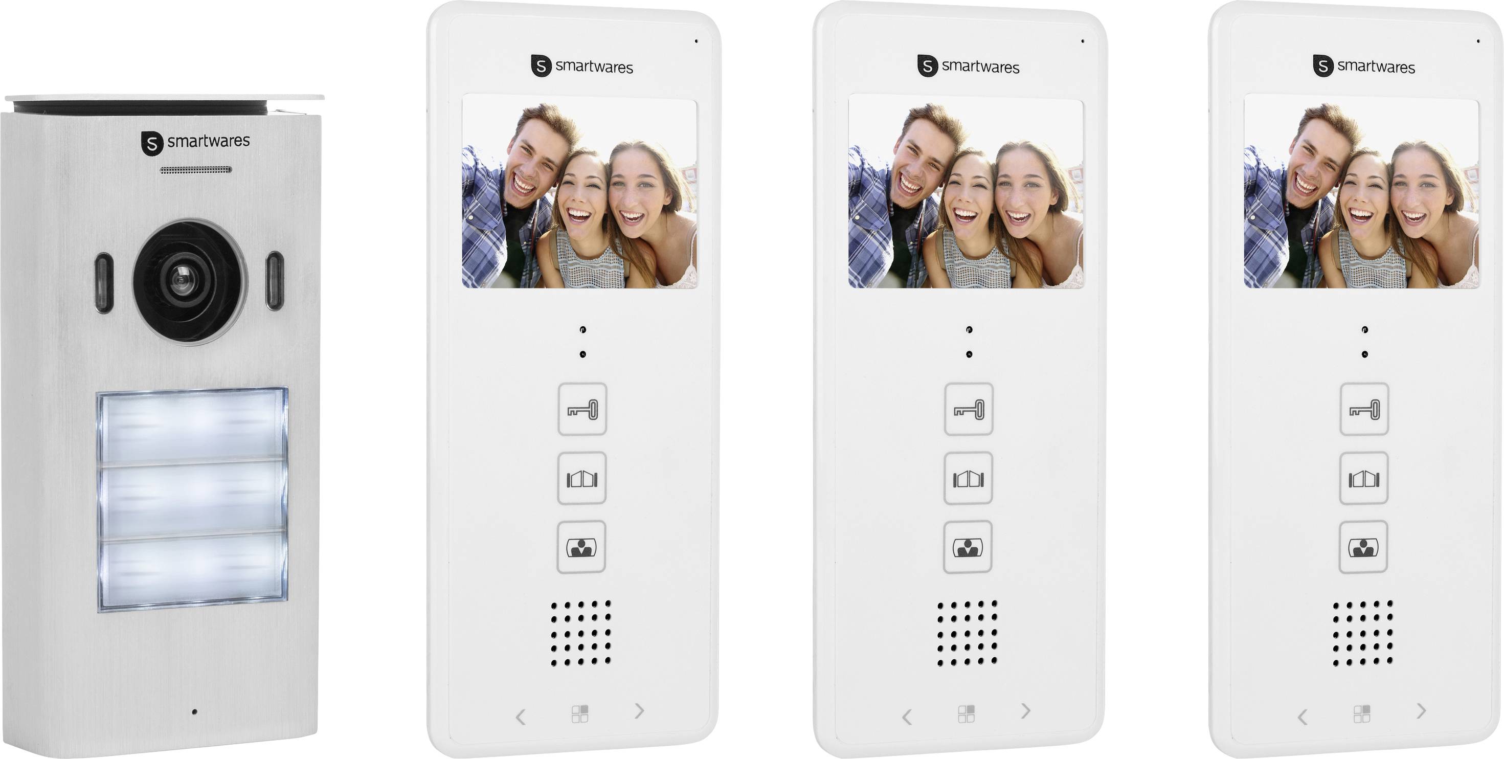 Draadloze intercominstallatie met camera en drie schermen. De schermen tonen een lachend stel. Ideaal voor het bewaken van een voordeur.