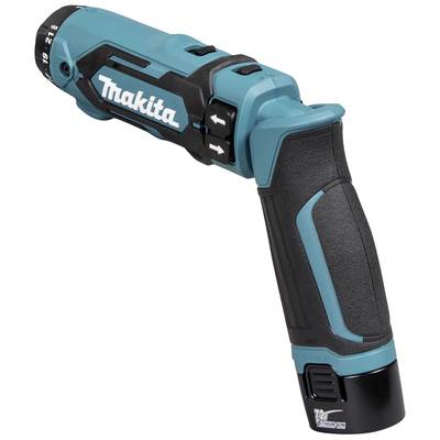 Accuboormachine met ergonomische handgreep, blauw-zwart design, merk 'Makita', geschikt voor doe-het-zelf werkzaamheden.