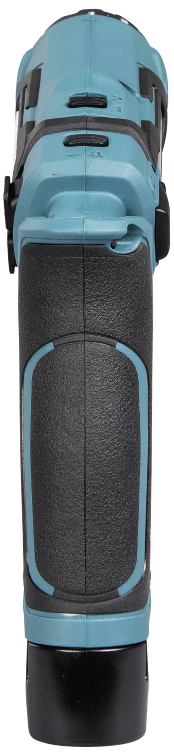 Accuboormachine in blauw met zwarte handgreep, gezien van achteren, toont ergonomisch ontwerp voor doe-het-zelf projecten.