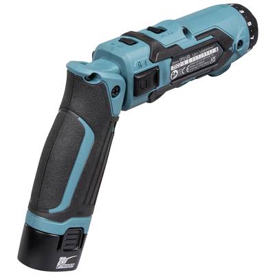 Een draadloze accuschroefmachine met een ergonomische handgreep en een groen-zwart design. Bovenkant toont bedieningselementen en fabrikantinformatie.