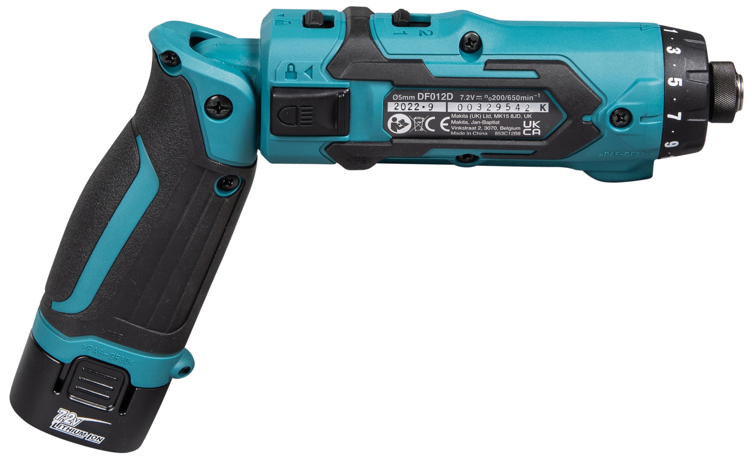 Accuschroevendraaier in blauwe kleur met zwarte handgreep. Toont de productmarkering en technische specificaties aan de zijkant.