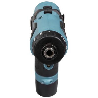 Een blauw-zwarte accuschroefmachine met draairichtingsindicator, gezien van voren.