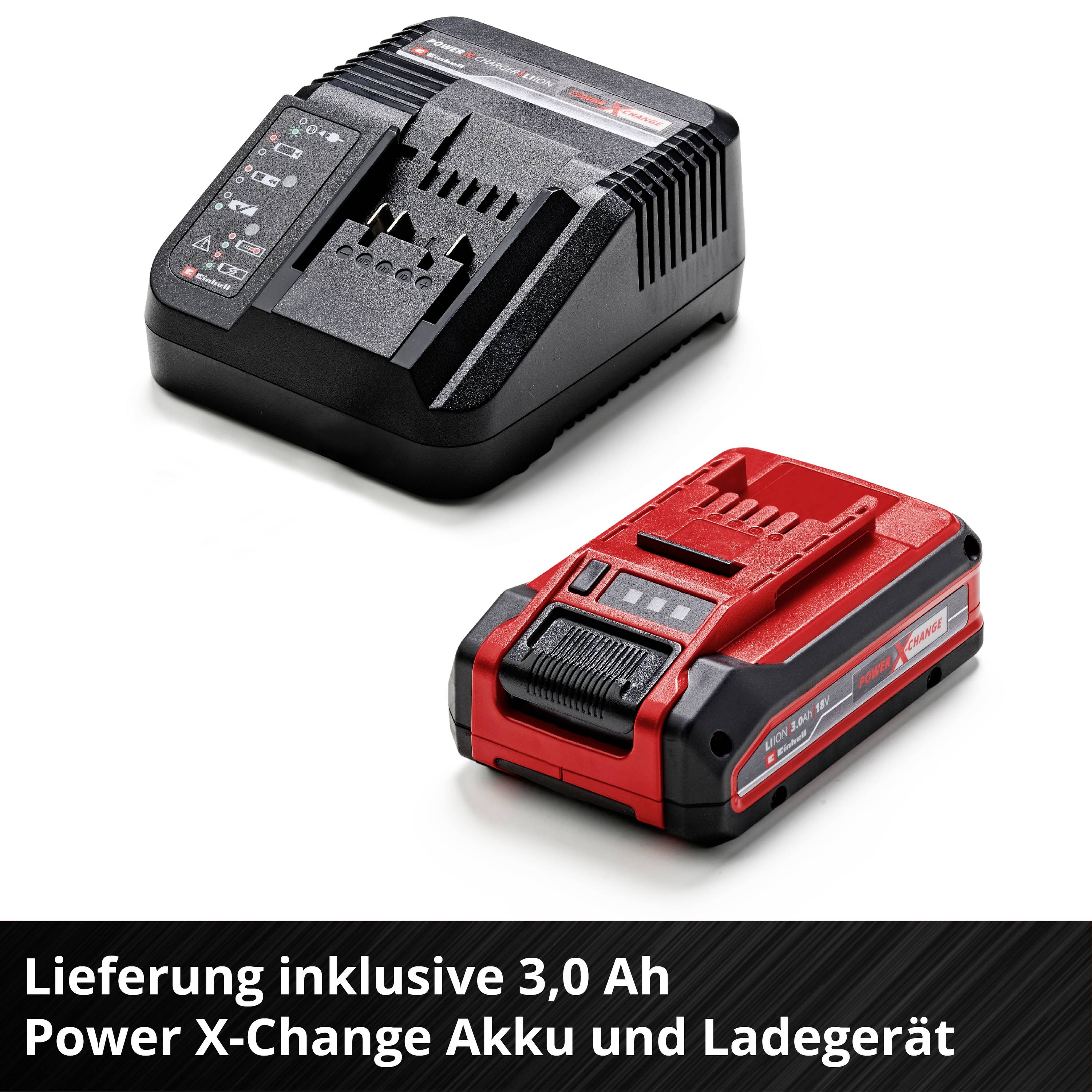 Accu en oplader van Power X-Change op witte achtergrond. Tekst benadrukt de levering inclusief 3,0 Ah accu en oplader.