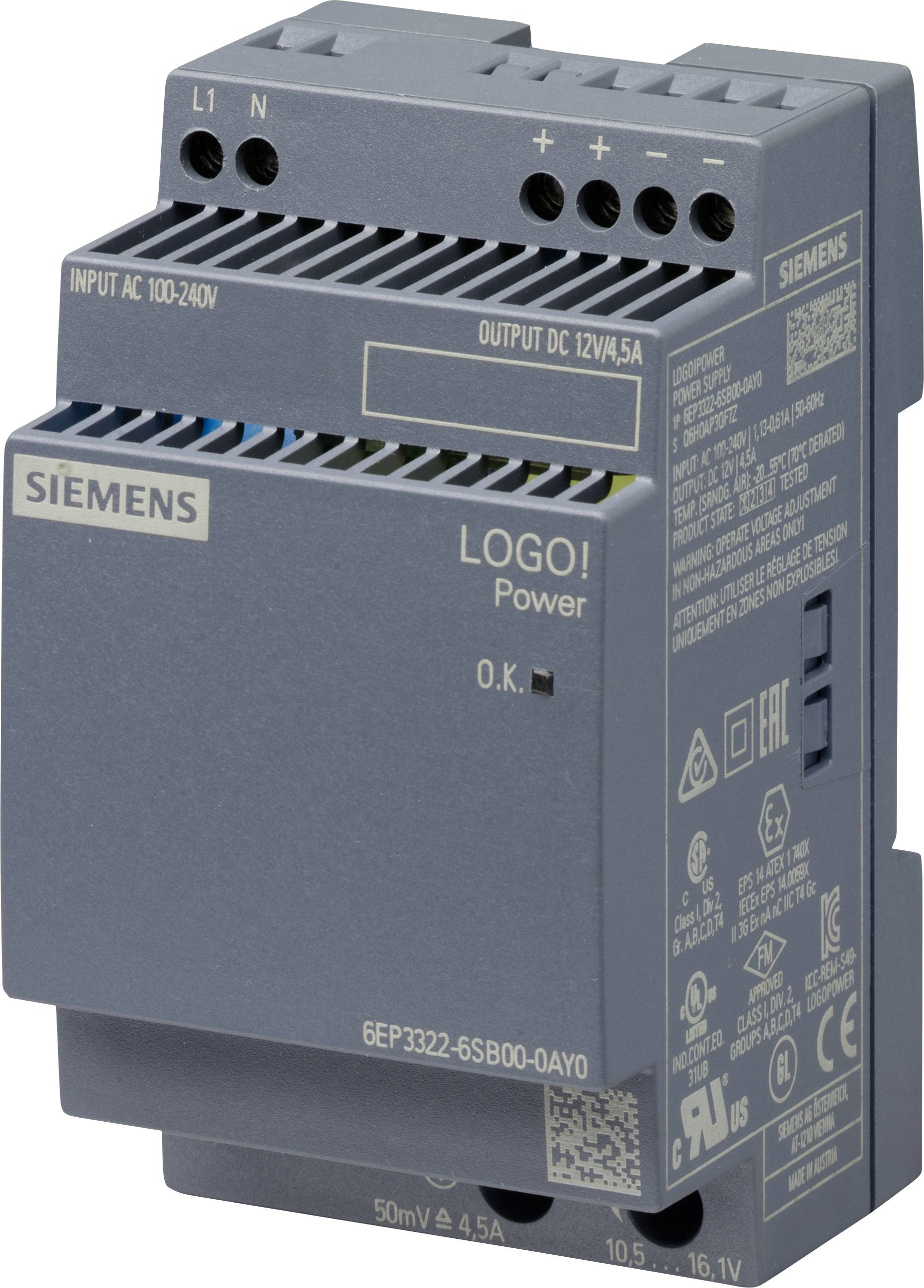 Compacte, grijze Siemens Logo! Power-voedingseenheid, toont ingangs- en uitgangsaansluitingen. 100-240V ingang, 12V 4,5A uitgang.