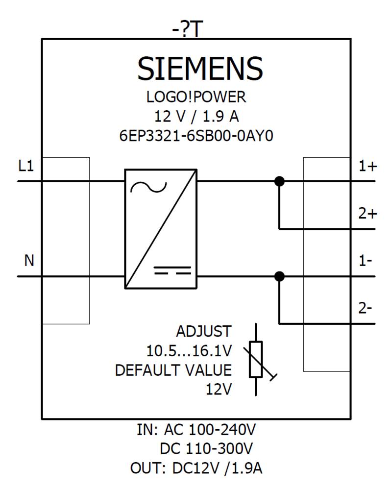 Schakelschema van een Siemens Logo!Power voeding. Toont elektrische aansluitingen L1, N, 1+, 2+, 1-, 2- met instelregeling voor 12 V.