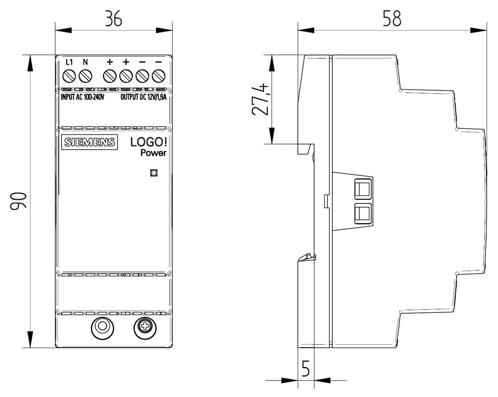 Diagram van een 'Siemens LOGO! Power'-eenheid met voor- en zijaanzicht. Afmetingen: 90x36x58 mm, ingangsgebied: AC 100-240V.