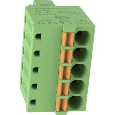 Groene 5-polige elektrische aansluitblok met oranje veerklemaansluitingen, gelabeld voor 240V AC en 300V, weergegeven in close-up op witte achtergrond.