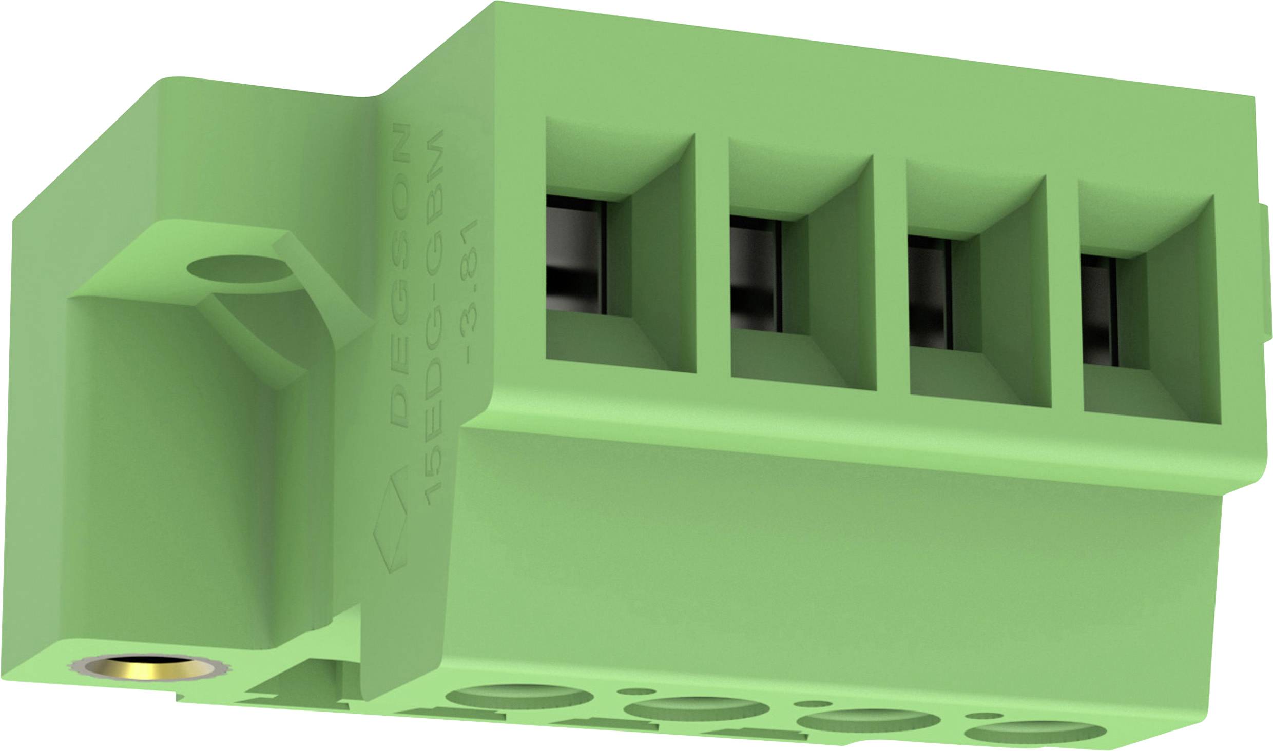 Groene vierpositie-schroefklemmenblok met veerklemaperturen en bevestigingsgaten, weergegeven in schuin detail.