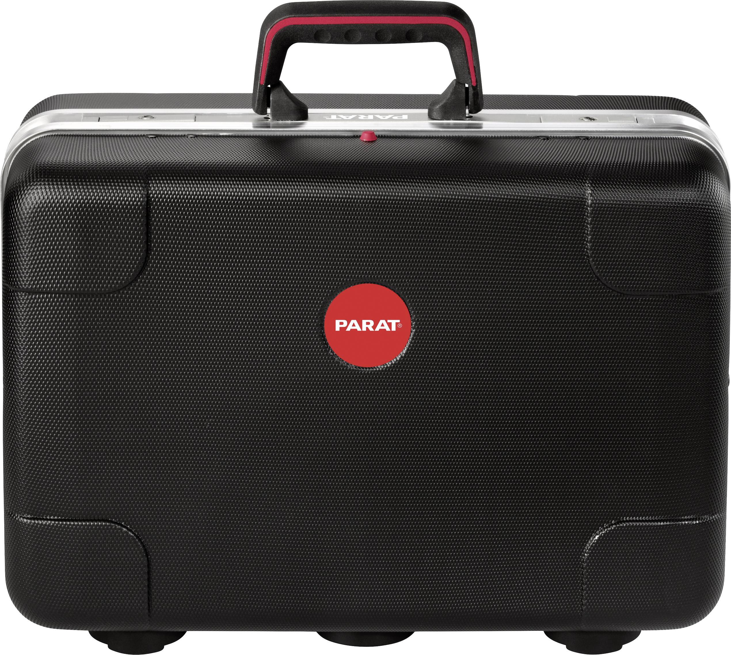 Een zwarte hardschalige tas met een rood 'PARAT'-logo in het midden. De tas heeft een stevig handvat en kan worden afgesloten.