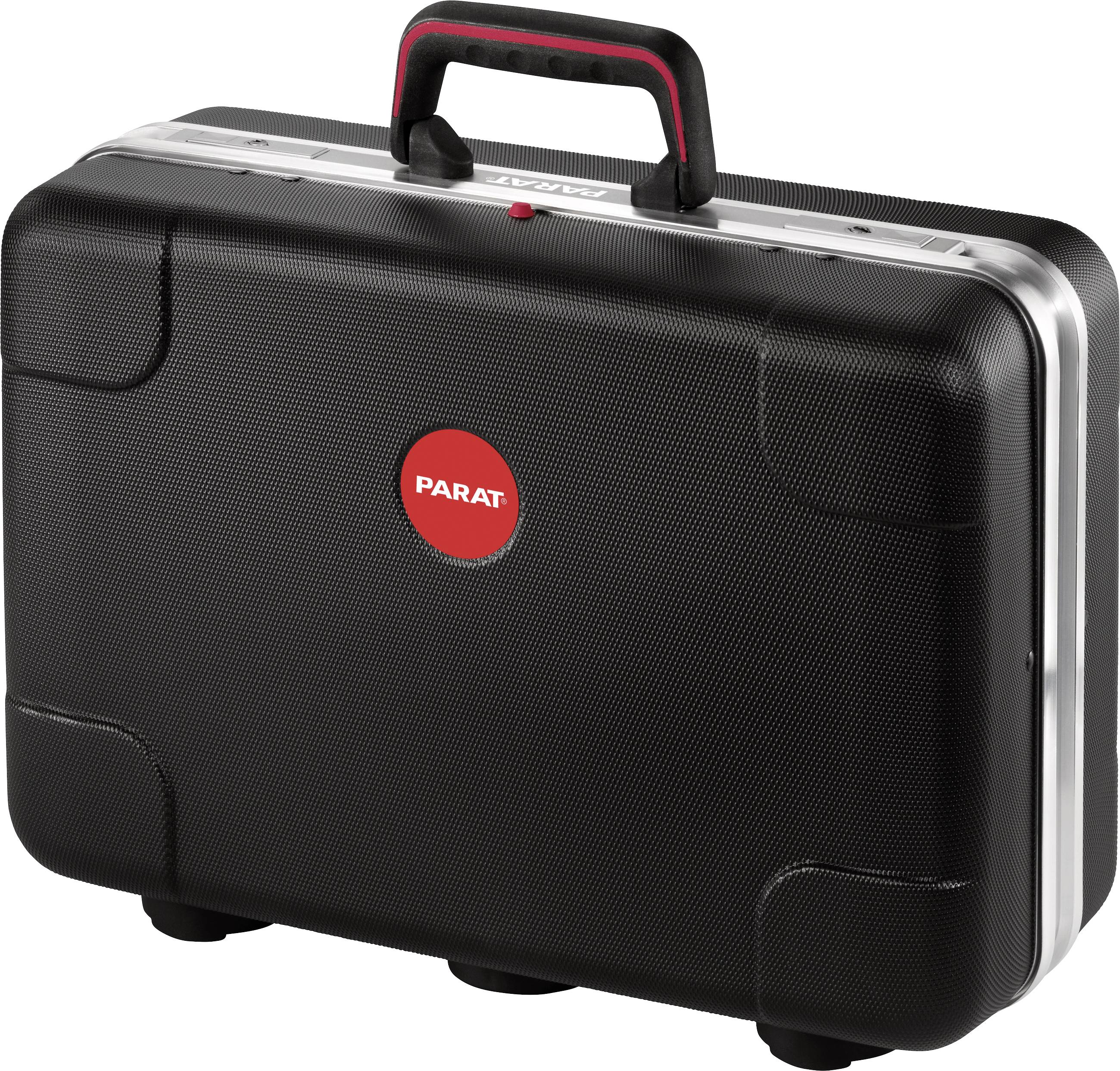 Zwarte, rechthoekige koffer met rood logo in het midden. Stevig handvat bovenaan. Geschikt voor het veilig transporteren van gereedschappen.