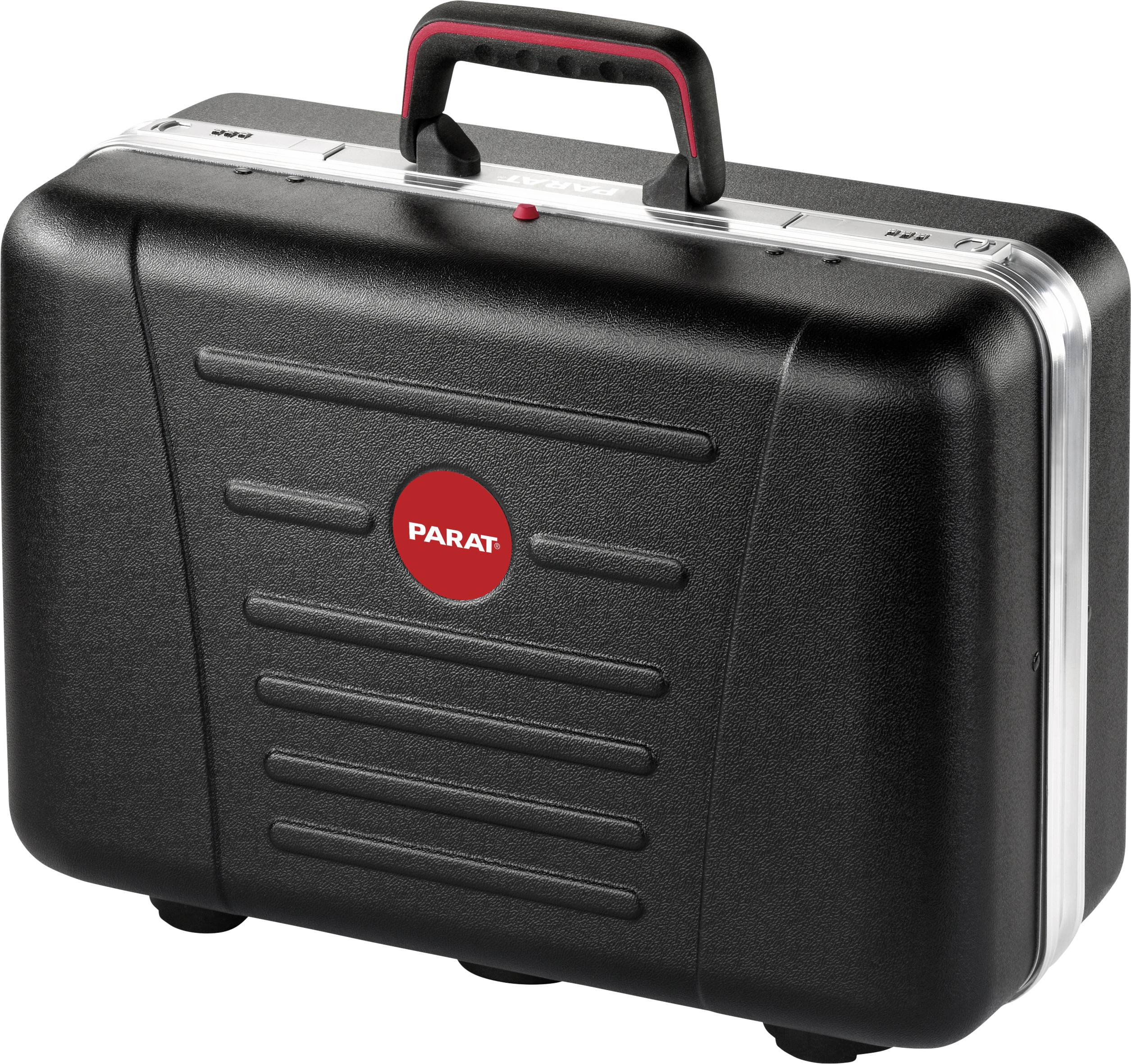 Een zwarte gereedschapskoffer met een rode handgreep en een rood 'PARAT'-logo in het midden. De koffer heeft een gestructureerd oppervlak.
