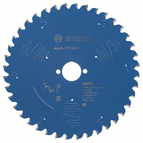 Een blauw cirkelzaagblad met het Bosch-logo in het midden en de tekst 'expert for Wood'. 30 tanden en technische specificaties.