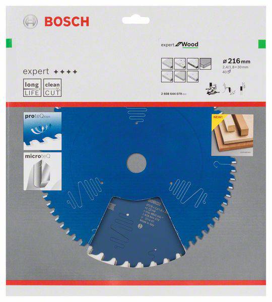 Zaagblad van Bosch voor hout, diameter 216 mm, geschikt voor snelle en nette zaagsneden, afgebeeld in de verpakking.